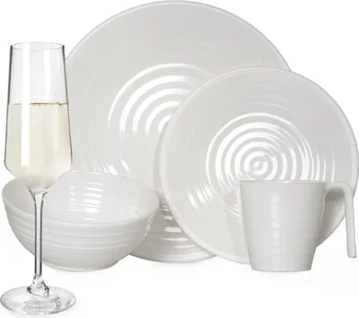 Produktbild von Melamin Camping Geschirr Set 4 Personen Crema Design 16 Teilig + Milano Gläser Champagner-Gläser Flûtes Tafelgeschirr Picknick BBQ Kochgeschirr