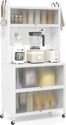 Produktbild von COSTWAY 5-stöckiges Küchenregal mit Beleuchtung, multifunktionaler Mikrowellenständer mit Klapptüren, Stecktafel und Haken, Vorratsschrank