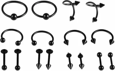 Produktbild von 16 Stück Lippen-Nasen-Augenbrauen-Bolzen-Bauch-Zungen-Ringe, Körper-Piercing-Werkzeug, Schmuck, Geschenk-Schwarz