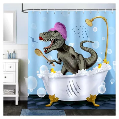 Produktbild von Duschvorhang Lustige Dinosaurier Blau Modern 180 x 180 cm Anti-Schimmel Wasserdicht Polyester Waschbar für Badezimmer mit 12 Haken