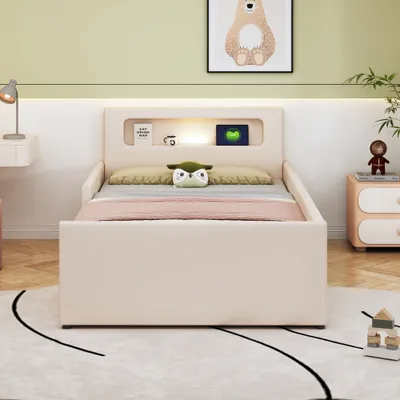 Produktbild von okwish Polsterbett Jugendbett 90×200 cm mit Lattenrost für Jungen und Mädchen, Funktionelles Einzelbett mit Nachtlicht, USB-Ladeanschluss und Ablagefächern, Kunstlederstoff, Beige (Ohne Matratze)