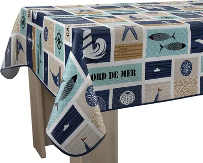 Tischdecke rechteckig 150x350 cm, fleckenbeständig, blau/beige