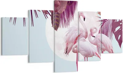 Produktbild von Bild auf Leinwand - Leinwandbild - 5 Teile - Flamingos Palmen Mond - 125x70cm - Wand Bild - Wanddeko - Wandbilder - Leinwanddruck - Bilder - Wanddekoration - Leinwand bilder - Wandbild - EA125x70-4598
