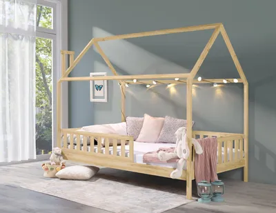 Produktbild von Hausbett »Kinderbett ROSI PLUS 120x200  Kiefer« (Einzelbett mit Lattenrost und abnehmbarem Rausfallschutz)