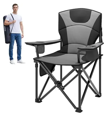 Image de Chaise de camping, dossier haut, portable avec porte-gobelet, 1 pièce, noir et gris