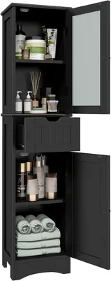 Produktbild von GOPLUS Bad Hochschrank mit Schublade, Badezimmerschrank mit 2 Türen, Aufbewahrungsschrank Badschrank für Badezimmer & Küche, 40 x 30 x 170 cm (Schwarz)