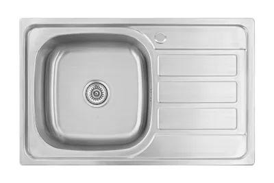 A top-down view of a stainless steel kitchen sink with a single basin and a drying rack.