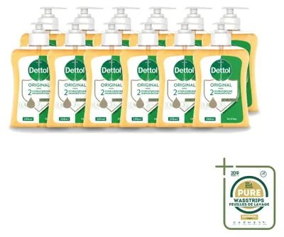 Imagen del producto de 12 unidades de jabón antibacteriano líquido para manos Dettol, aroma original, 250 ml cada uno. Paquete de suministro
