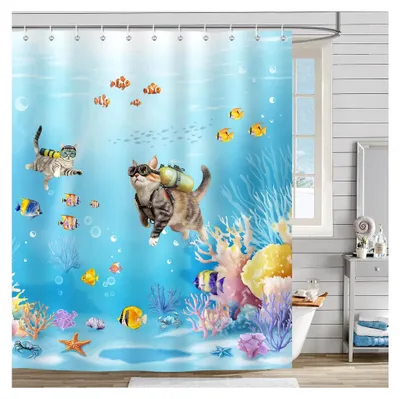 Produktbild von Duschvorhang Lustige Katze Tauchen 180x180cm, Blauer Maritimer Meer Korallenriff Duschvorhang, Wasserdicht Anti-Schimmel Waschbar Polyester Textil für Badezimmer mit 12 Haken