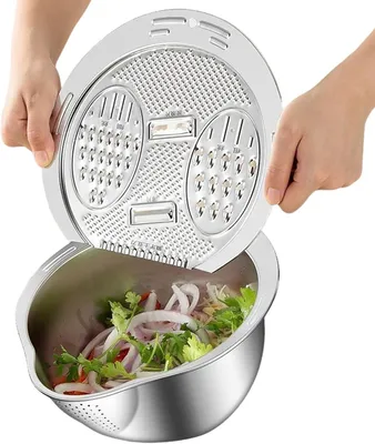 Produktbild von Reiswaschschüssel aus 304 Edelstahl mit Reibeblatt, Nudelsieb und Abtropfsieb | Lebensmittelechtes Reissieb zum Waschen und Abtropfen von Quinoa, Obst, Gemüse, Getreide und Bohnen