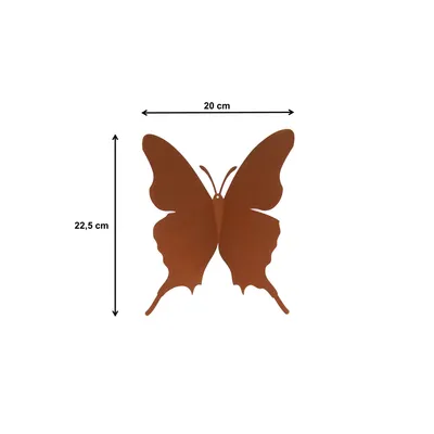 A brown butterfly decoration with dimensions indicated.