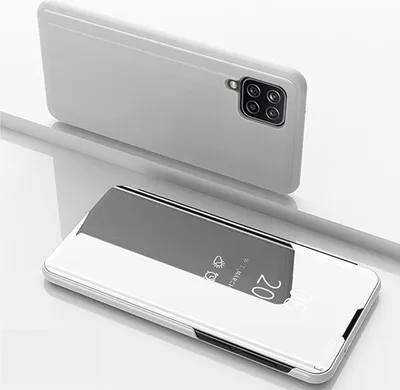 A silver flip case for a smartphone is shown in two orientations, one closed and one open, on a reflective surface.