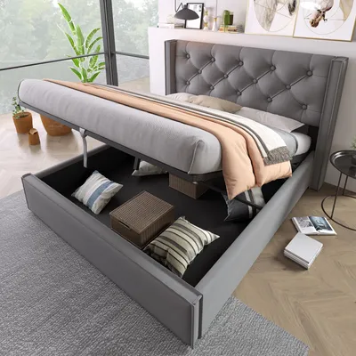Produktbild von Merax Polsterbett Hydraulisches Doppelbett 160x200cm, Stauraumbett mit Lattenrost aus Metallrahmen, mit Kopfteil und Hubmechanismus, Grau