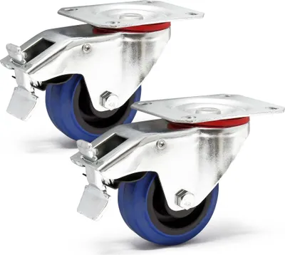 Produktbild von Wiltec Lenkrollen Set 2x Transportrolle Ø80mm bis 100kg pro Rad mit Kunststoffrad, Bremse und Anbauplatte, leiser Lauf, Transportrollen Möbelrollen Laufrollen