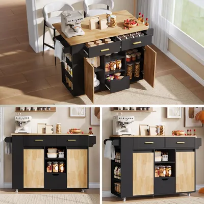 Immagine prodotto di Isola mobile da cucina, dimensioni 120x45(71)x90 cm, piano di lavoro pieghevole, ripiano per spezie a 3 livelli, 3 cassetti, ruote
