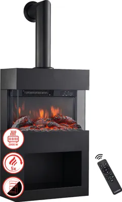 A black electric fireplace with a chimney pipe and a remote control.