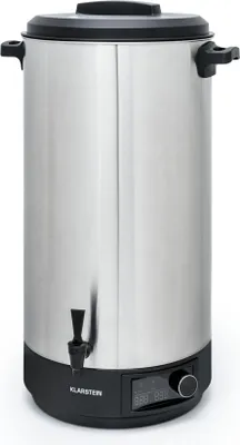 A stainless steel electric kettle with a black lid and base, shown from the front against a white background.
