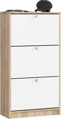 A shoe cabinet with three drawers and a hat on top.