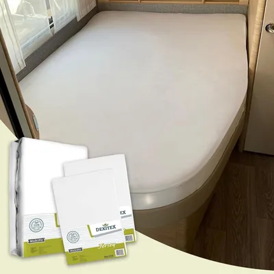 Produktbild von Dexitex Spannbettlaken Wohnmobil 3er Set – 2 Jersey-Spannbettlaken + 1 Molton Matratzenschoner, Französisches Bett Rechts – Weiß