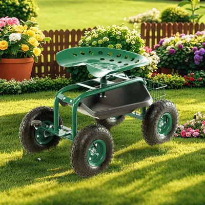 Immagine prodotto di Carrello da giardino mobile - Carrello per il giardino - Sgabello da giardino - Sedia da giardino - Piccolo carrello da giardino - Sedile girevole regolabile
