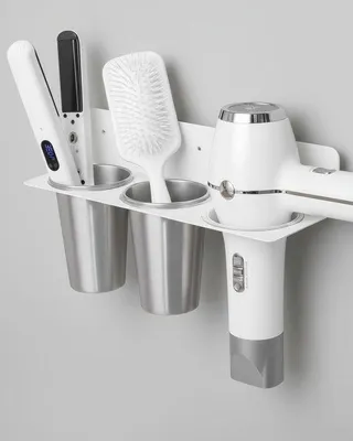 Image de Support mural Unyqoos® pour accessoires de coiffure, blanc – Rangement résistant à la chaleur avec des supports en acier inoxydable, fixation par adhésif ou par vis, pour sèche-cheveux, lisseurs et boucleurs