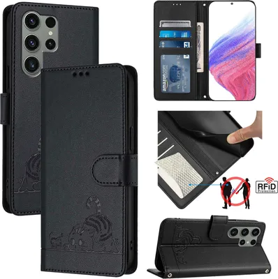 Produktbild von Leder Hülle für Samsung Galaxy S23 Ultra Süße Katze Flip Case Brieftasche Schutzhülle mit Standfunktion Schwarz