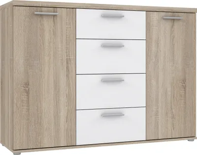Produktbild von Sideboard >WINNIE< 4 Schübe, 2 Türen, weiss / Sonoma Eiche Nachbildung - 129,6x93x38cm (B/H/T)
