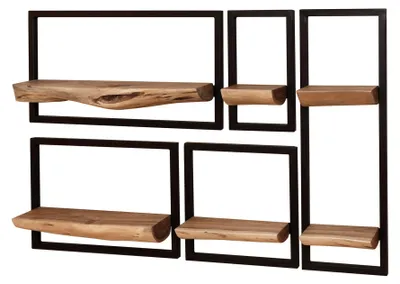 Obrázek produktu pro FURNLUX Nástěnná police Kante Akácie a černá 110 cm (5 ks) / Hlavní barva: hnědá / Rozměry: 110 x 75 x 15 cm