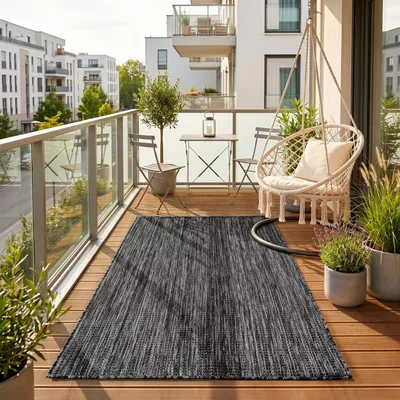 Produktbild von Homebyhome Outdoor Teppich Schwarz 60x100 cm Balkon Terrasse Garten Wetterfest UV-beständig Klein Einfarbig Flachgewebe Pflegeleicht Robust