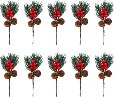Produktbild von 10 künstliche Kiefernzweige mit roten Beeren und Mini-Kiefernzapfen zum Verpacken, Basteln, für Weihnachtskränze und Weihnachtsbaumdekoration