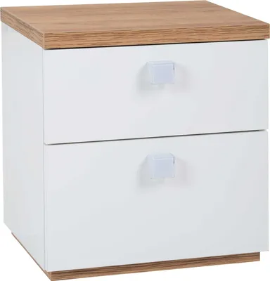 Produktbild von Nachttisch - Riviera Eiche Nachbildung - Weiß Hochglanz - B 45 cm - 2 Schubladen