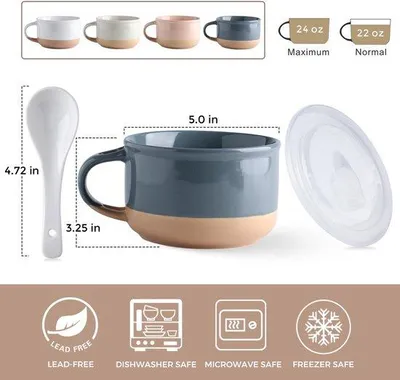 Image de Bol à soupe en céramique de 700 ml avec couvercle et cuillère, gris/beige, passe au micro-ondes