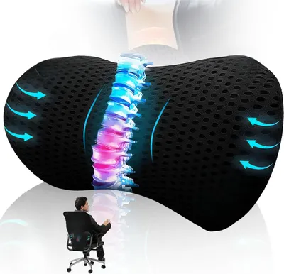Obrázek produktu pro Polštář na bederní páteř, ergonomický, vyrobený z paměťové pěny, s odnímatelným elastickým páskem, černý, vhodný pro auto i kancelářskou židli
