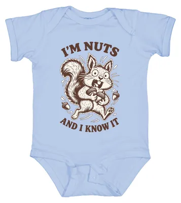Productafbeelding van Ik ben gek en ik weet het. Eekhoorn, eikel, grappig, bosdieren. Babybody, lichtblauw, maat 12/18