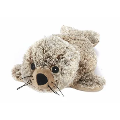 A plush toy seal lying down on a white background.