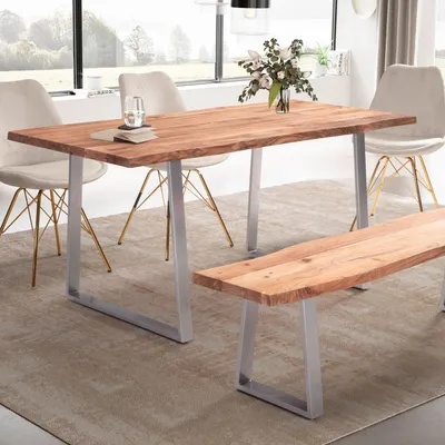 Immagine prodotto di Tavolo da pranzo rettangolare da 180 cm in legno massello di acacia con bordi naturali, stile industriale, tavolo da pranzo in legno massello, tavolo da cucina - Tavolo con bordi naturali e base a slitta argento