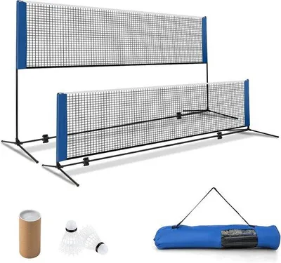 Produktbild von Famanu Badmintonnetz 4 m höhenverstellbar - stabiles Metallgestell - Tragetasche - blau-gelb