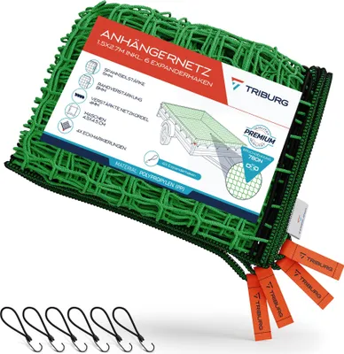 Produktbild von TRIBURG Anhängernetz 1,5x2,7 m + 6 Expanderhaken mit Eckmarkierungen und Randverstärkung I Ladungssicherung I Anhängerzubehör I Transportnetz