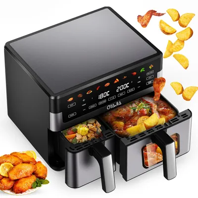 Produktbild von Doppelkammer-Heißluftfritteuse 3,5L+6,5L | Airfryer 10L Besonders fettarme Zubereitung 10 Programme, Sichtfenster, Touch-Display, spülmaschinenfest