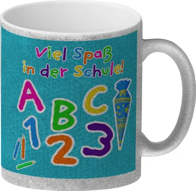 Produktbild von Viel Spaß in der Schule Glitzer-Kaffeebecher für die Einschulung in blau