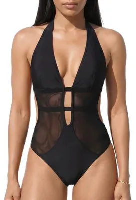 Productafbeelding van Dames badpak, y haltermodel monokini met mesh-inzetstukken en diepe V-hals