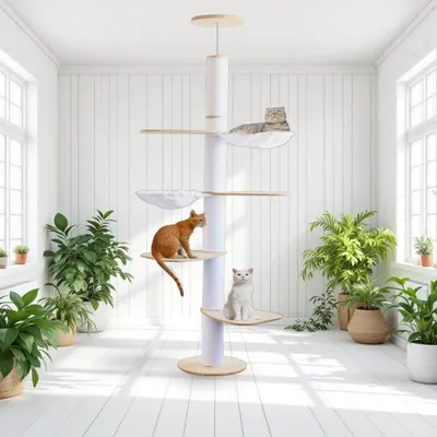 Produktbild von Katzenbaum, deckenhoch,5-stöckig, höhenverstellbar 190–260 cm, hohes Katzenkletter-Aktivitätszentrum mit Kratzbaum, 4 Stufen und 2 Hängematten
