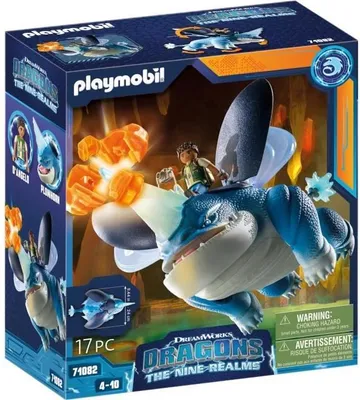 Produktbild von PLAYMOBIL Dragons Plowhorn & D'Angelo, Dragons Nine Realms, Figur mit Zubehör, Leuchtende Augen & Mund, Ab 5 Jahren, 71082