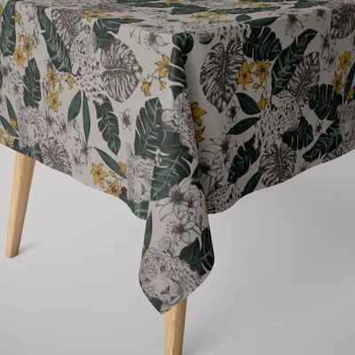 Produktbild von SCHÖNER LEBEN. Tischdecke Blätter Leopard Dschungel natur grün gelb Größe 110x110cm