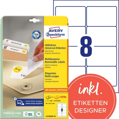 Obrázok produktu pre Avery L4745REV-25, Biela, Samolepiaci štítok, A4, Papája, Laserový, Univerzálne
