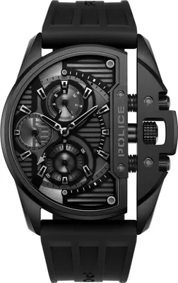 A black analog watch with a black rubber strap.