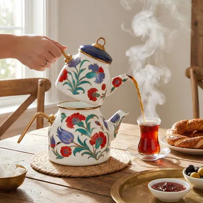 Produktbild von Serenk 2-teiliges Emaille-Teekannen-Set – 1,1 L + 2,1 L, mit Golddetails, induktionsgeeignet, für alle Herdarten, spülmaschinengeeignet