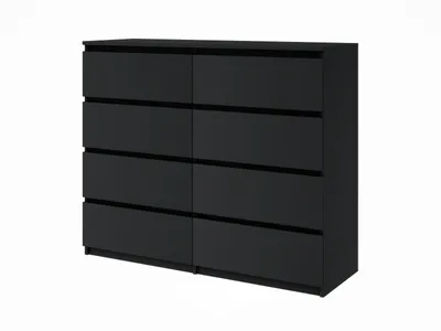 A black dresser with eight drawers against a white background.