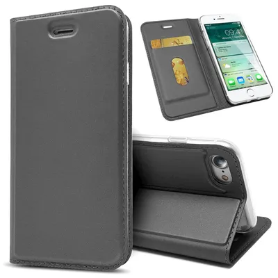 Produktbild von NALIA Klapp Hülle für iPhone SE 2022 / SE 2020 / 8 / 7, Handy Case Kunst Leder Schwarz Grau