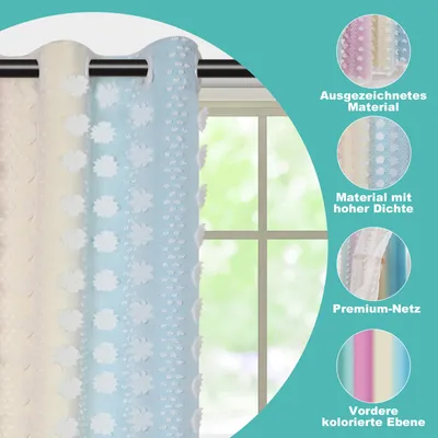 Produktbild von 2 Stück 132x160cm Indoor Vorhänge，Kindervorhang mit PomPom，Ösen Gardinen weiß Tüll，Doppelschichtige Vorhänge，Kinderzimmervorhänge，Fenstervorhänge，Macaron-Blau